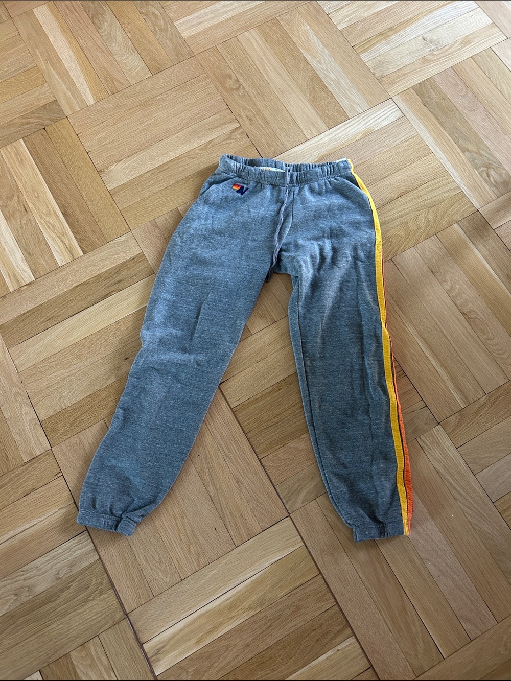 Aviator Nation Gray Sweatpants with Yellow & Orange Accent Stripes